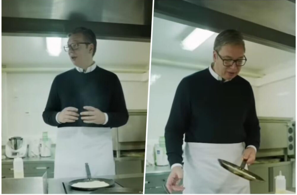 VUČIĆ U KUHINJI S TIGANJEM U RUKAMA, PRIPREMA PALAČINKE: „Neće doprineti mojoj kondiciji i izgledu, ali sam srećan, svakako“ VIDEO