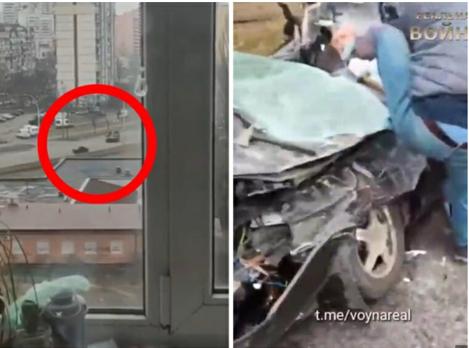 DRAMATIČNI snimci iz Kijeva: Tenk prešao preko automobila, ljudi IZVLAČE čoveka iz olupine (VIDEO)