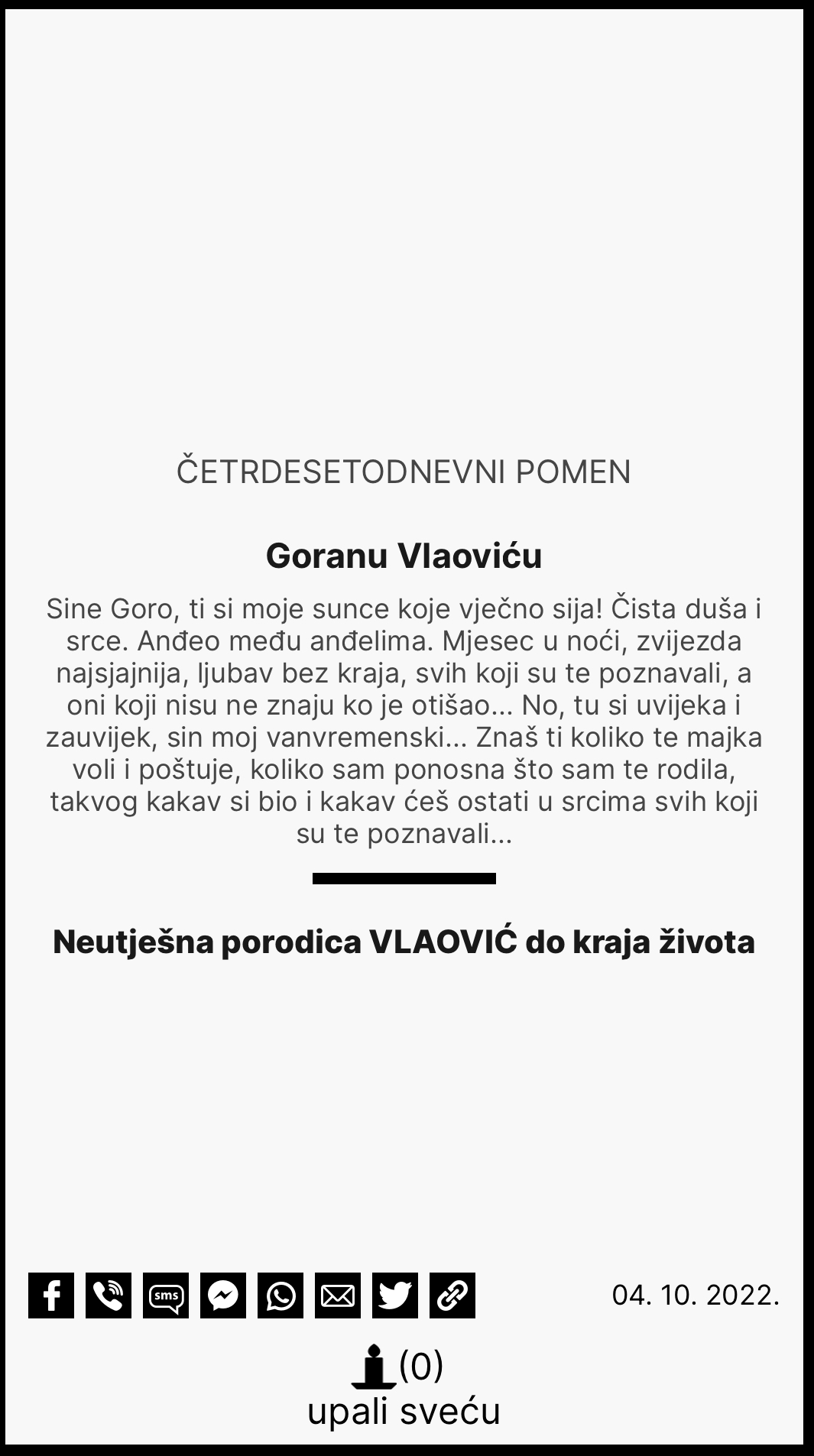 Škaljarcu Vlaoviću porodica dala čitulju povodom 40 dana: SINE GORO, TI SI MOJE SUNCE, ZNAŠ KOLIKO TE MAJKA VOLI