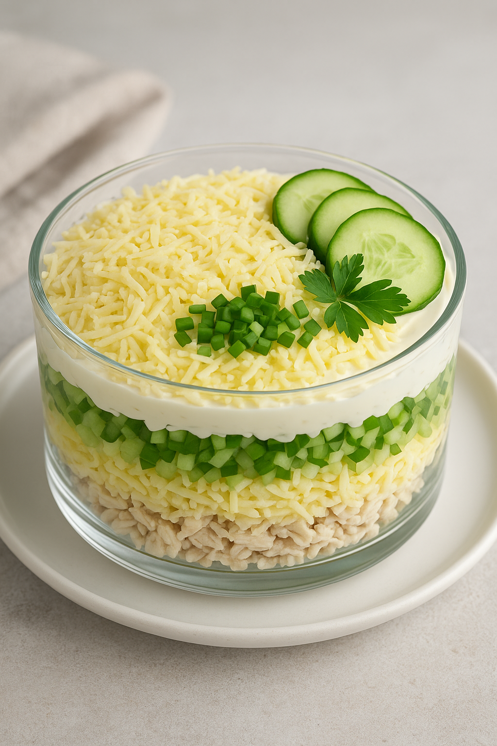 🥗 Slojevita pileća salata sa krastavcima i sirom