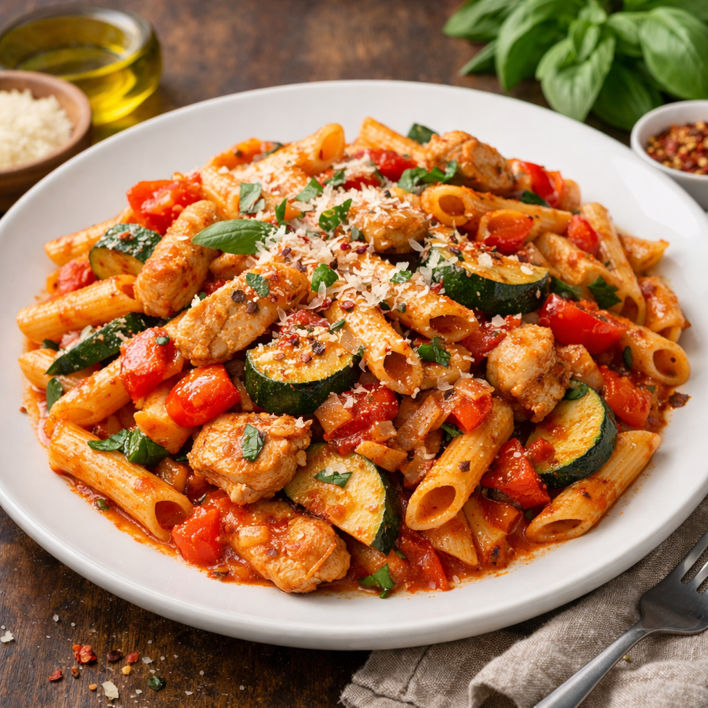 Pasta sa piletinom i povrćem u italijanskom sosu