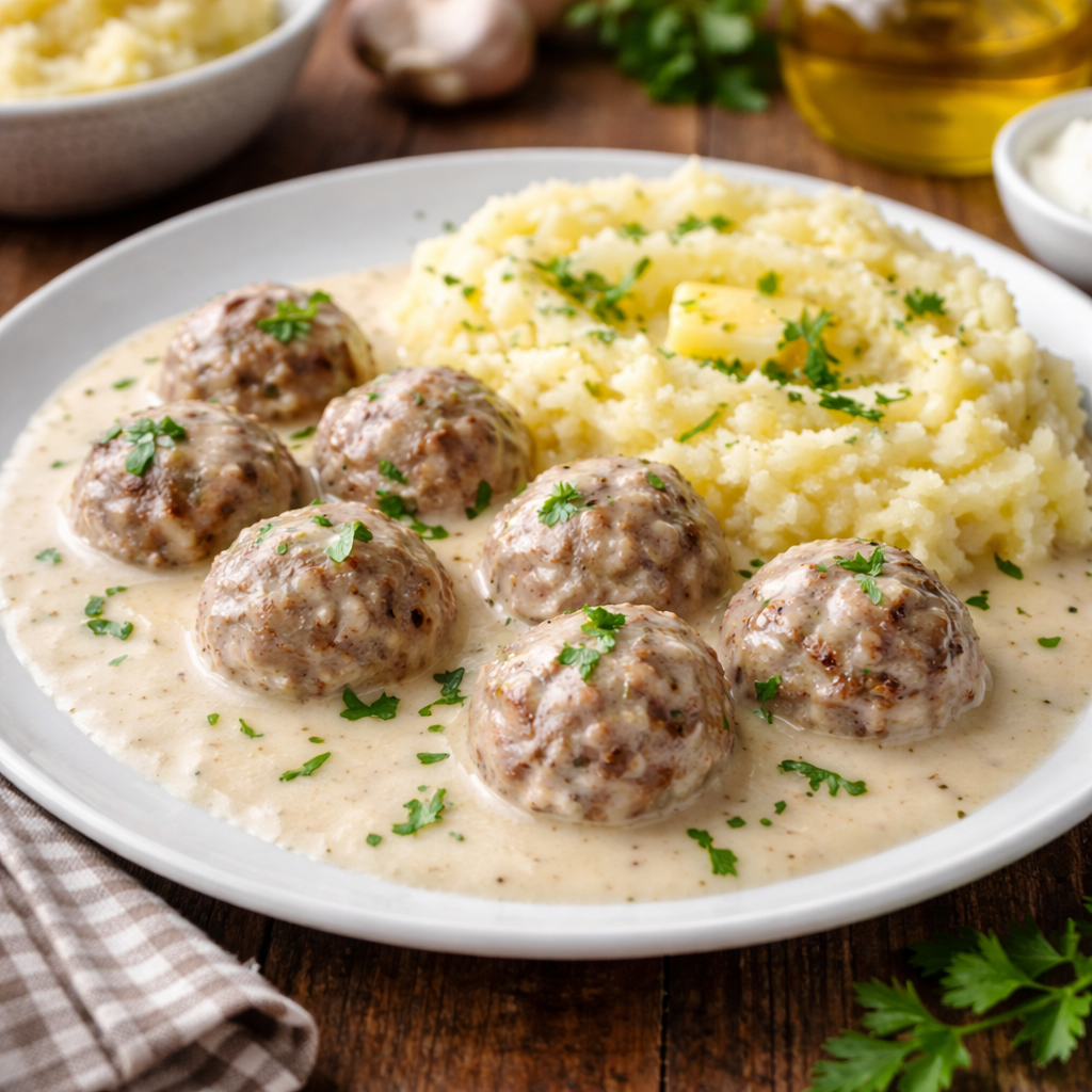 Ćufte od junetine u belom sosu sa pire krompirom